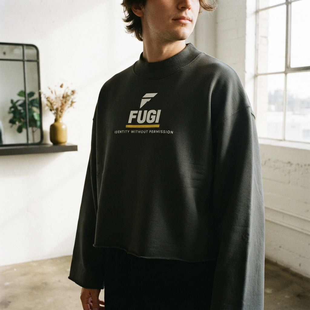 A person wearing a boxy black mock neck sweatshirt with a raw edge hem and drop shoulders, standing in a modern sunlit loft.